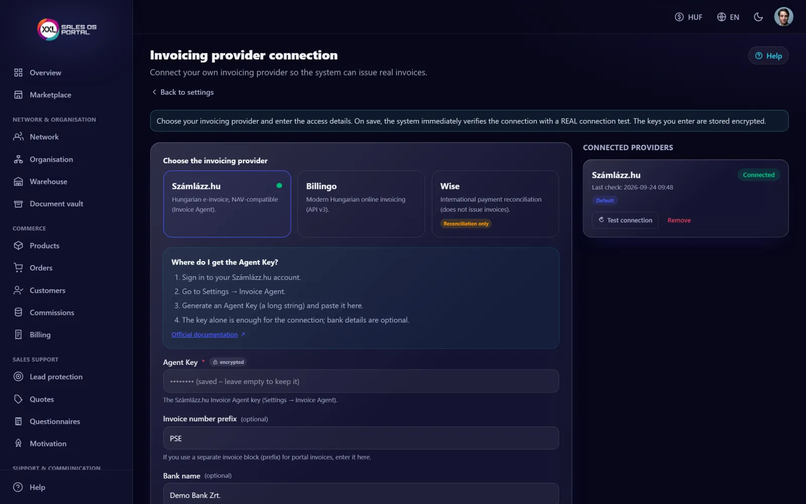 Screenshot from the platform: Invoicing and card payments