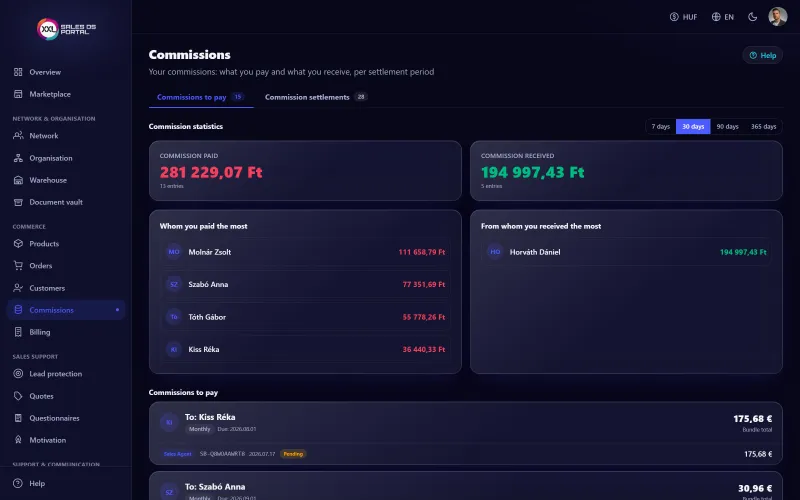 Screenshot from the platform: Commission engine