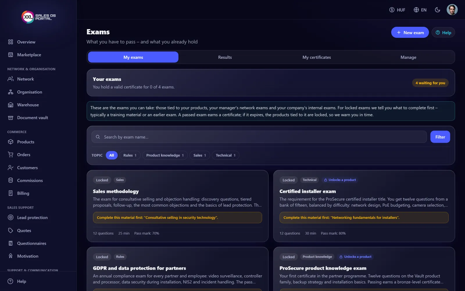 Screenshot from the platform: Exams and certificates