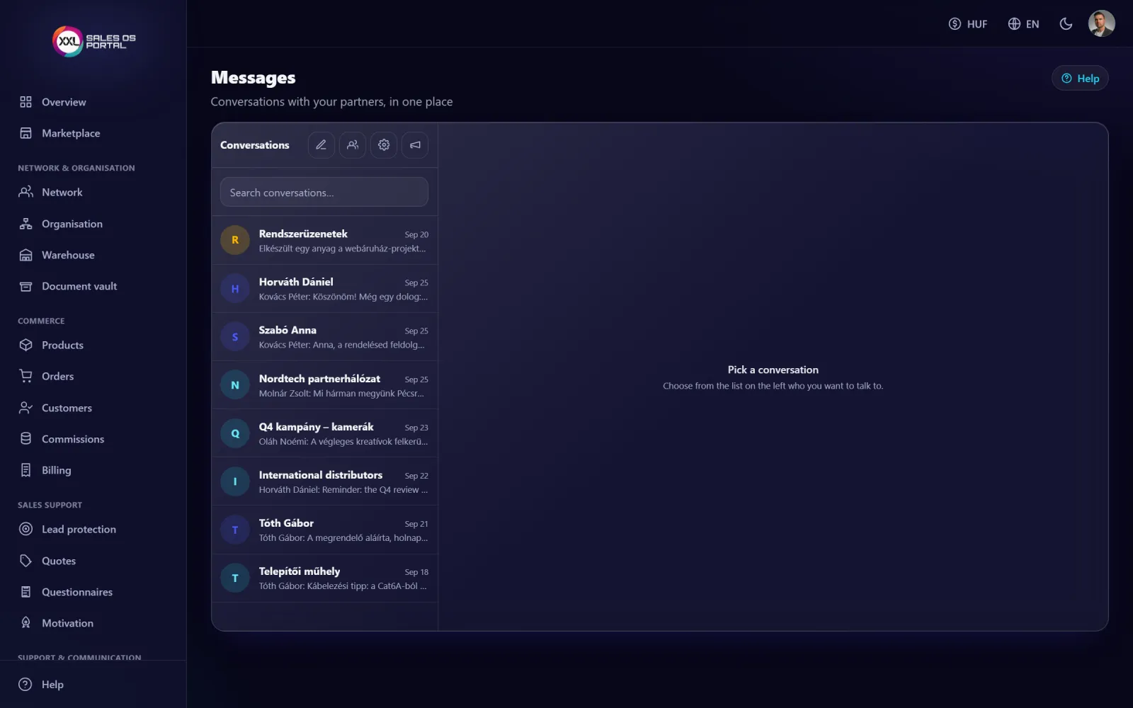 Screenshot from the platform: Messages and announcements