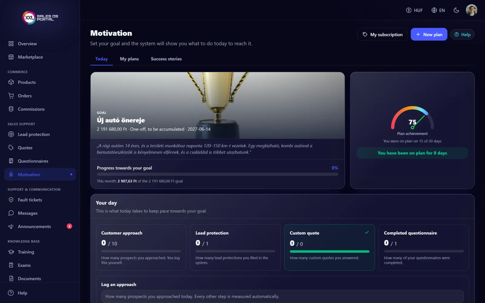 Screenshot from the platform: Sales agent