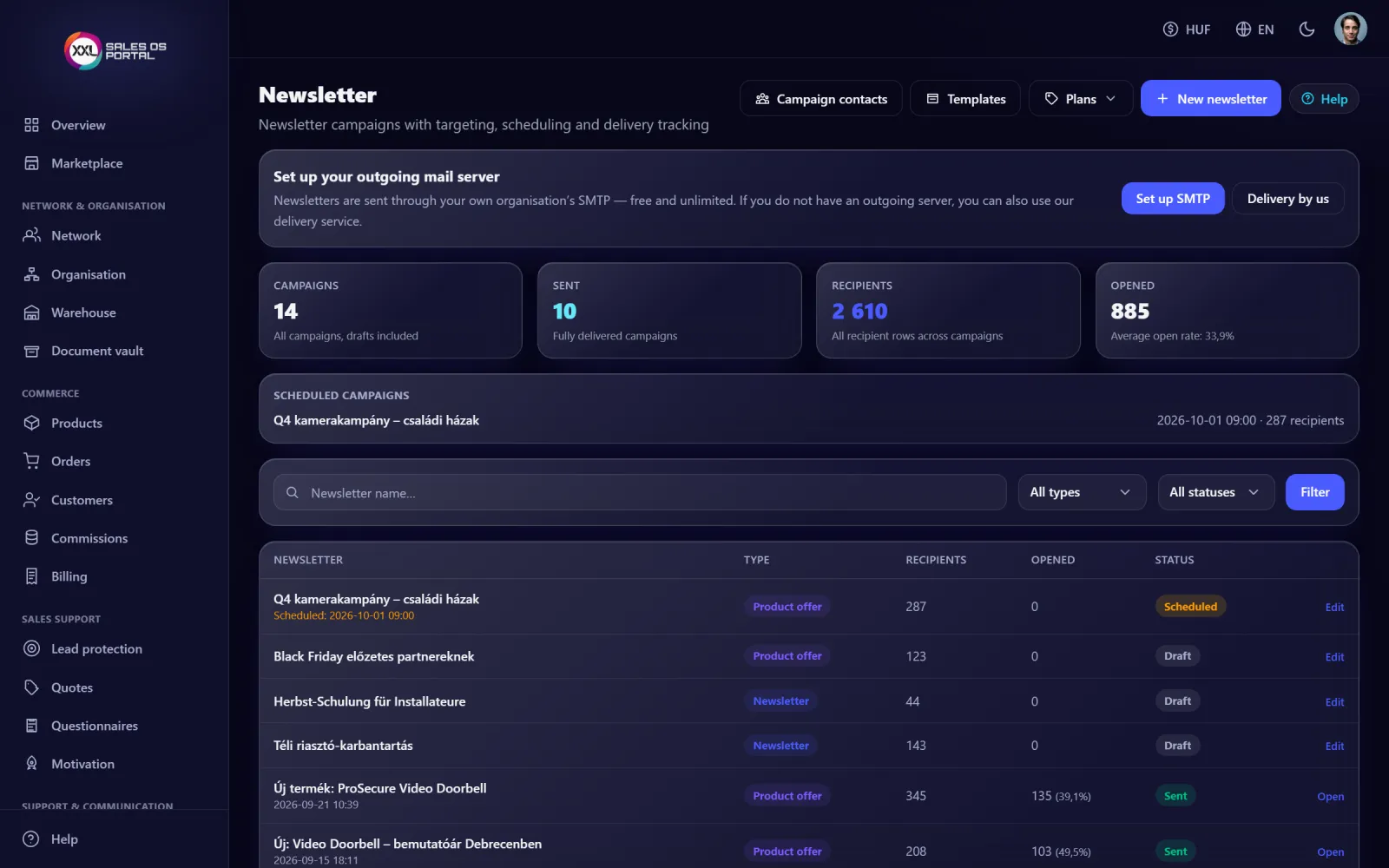 Screenshot from the platform: Newsletter