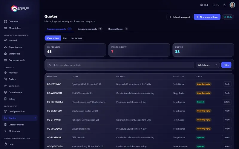 Screenshot from the platform: Quotes and questionnaires