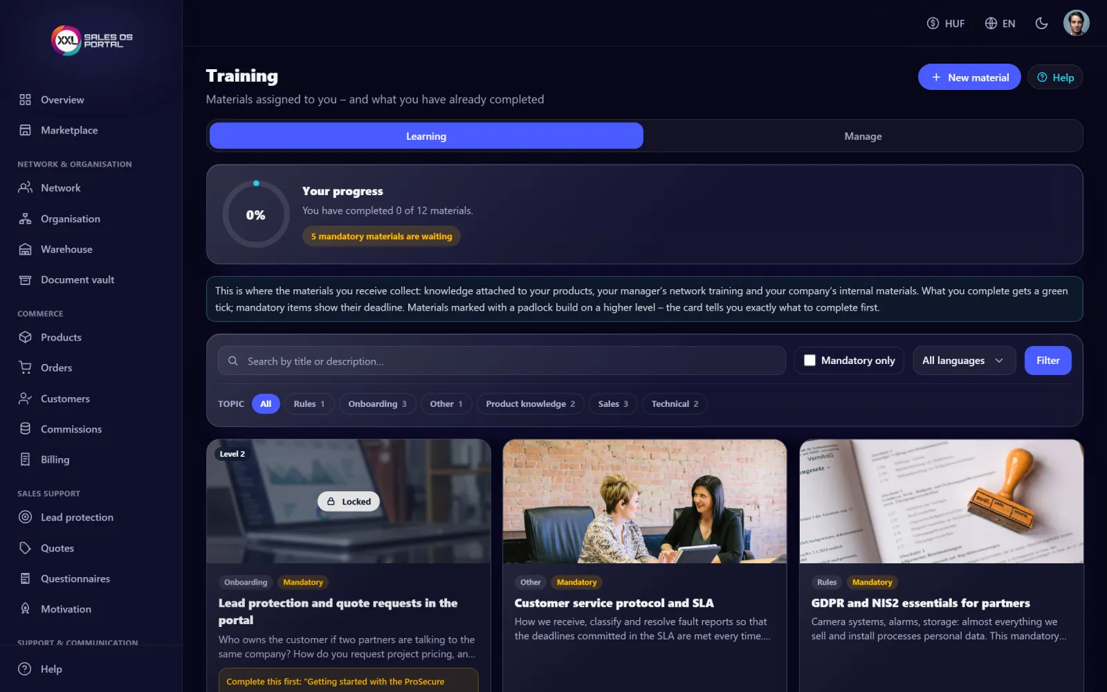Screenshot from the platform: Training