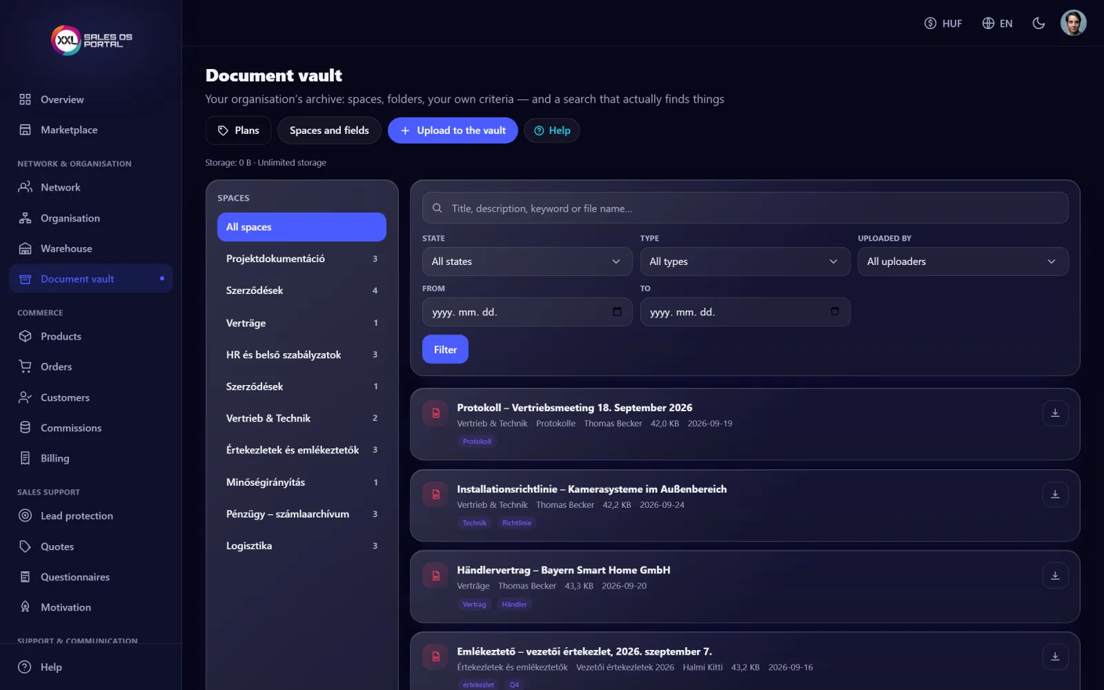 Screenshot from the platform: Document vault