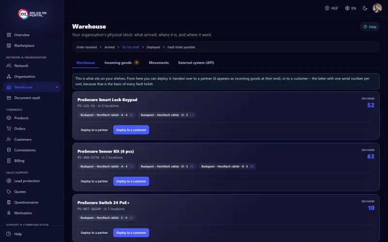 Screenshot from the platform: Stock and asset tracking