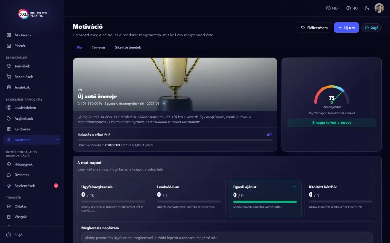 Képernyőkép a rendszerből: Motivációs coach